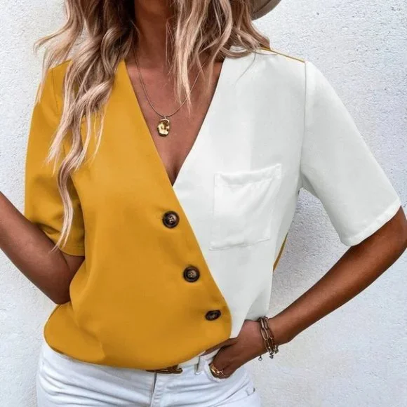 Colorblock Button detail Patched Pocket Blouse - Picture 4 of 6